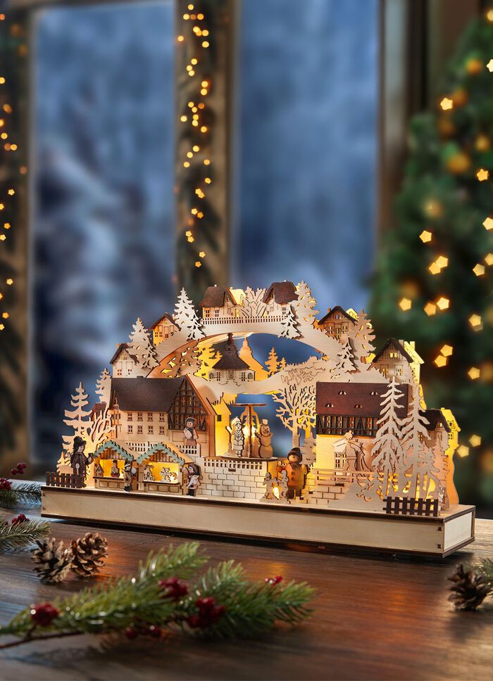 Schwibbogen mit LED-Beleuchtung und Weihnachtsmusik 