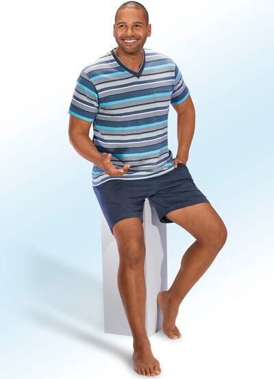 Shorty aus BIO-Baumwolle mit V-Ausschnitt und garngef&auml;rbtem Ringeldessin 