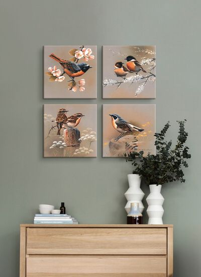 Hochwertiges Bilder-Set mit Vogelszenen, 4-teilig 