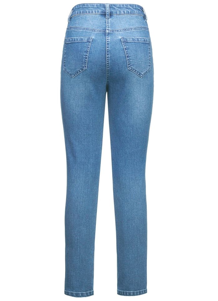 Jeans mit floralen Lochstickereien und Strasssteinchen 