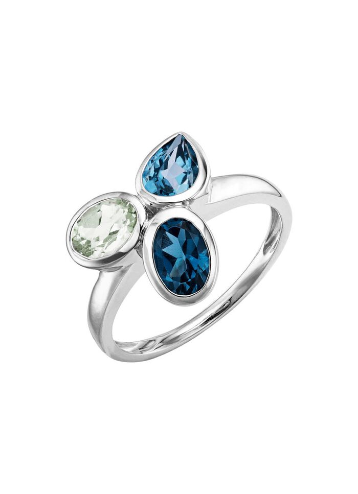 Harmonie der Farben: Damenring mit Blautopasen und gr&uuml;nem Amethyst 
