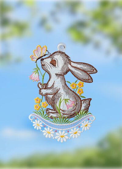 Oster-Fensterbild aus echter Plauener Spitze 