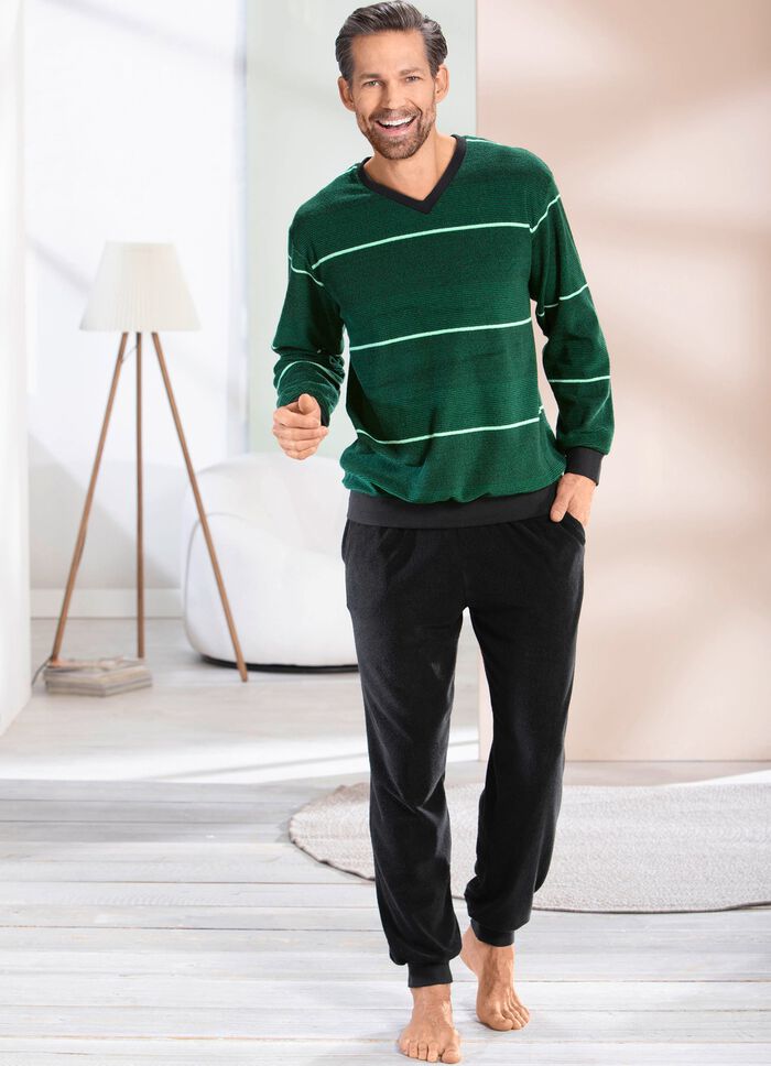 Frottier-Schlafanzug mit V-Ausschnitt und B&uuml;ndchenabschl&uuml;ssen 