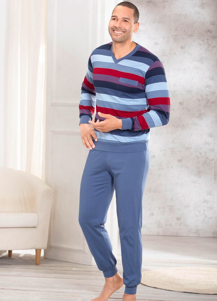 Zweierpack Schlafanz&uuml;ge mit V-Ausschnitt und aufgesetzter Brusttasche in Ringeldessin 