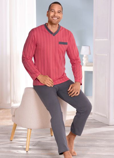 Schlafanzug mit Streifendessin, V-Ausschnitt und Brusttasche 