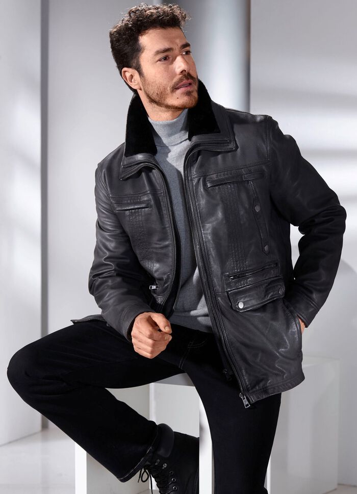 Lederjacke mit abtrennbarem Webpelzkragen 