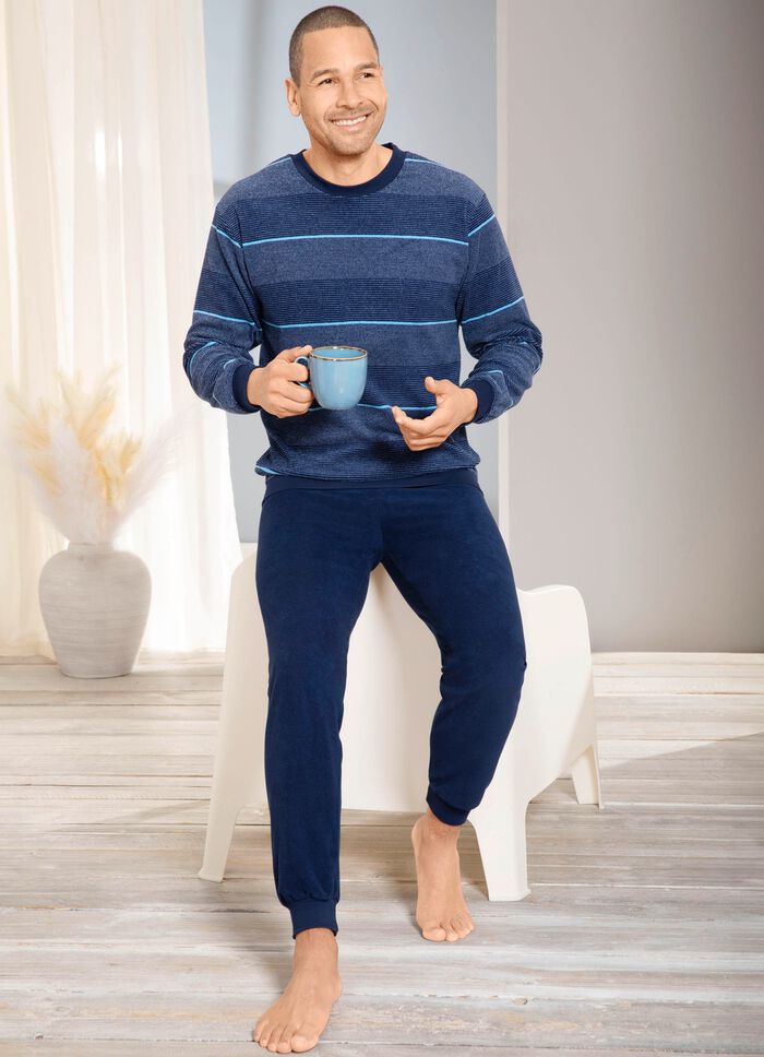 Schlafanzug aus Frottierstretch mit B&uuml;ndchenabschl&uuml;ssen  