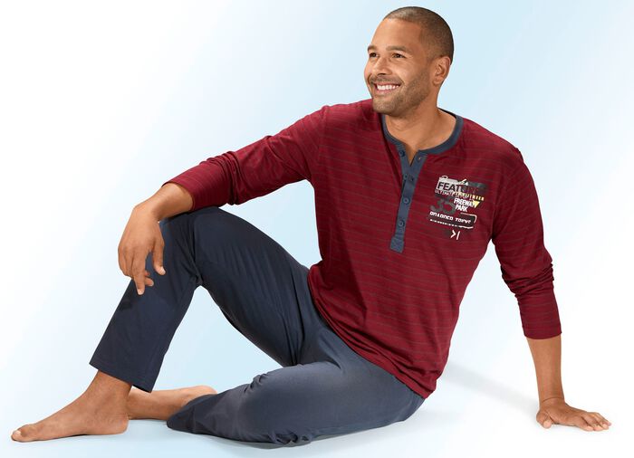 Zweierpack Schlafanz&uuml;ge mit langer Knopfleiste, garngef&auml;rbtem Ringeldessin und Druckmotiv 